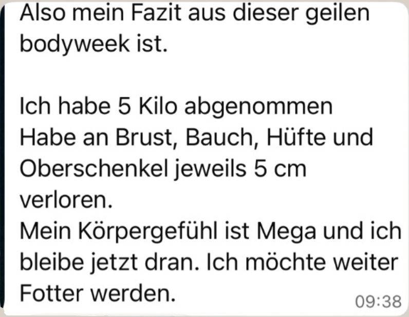 WhatsApp-Nachricht einer Teilnehmerin über ihr Fazit nach den BODY WEEKS