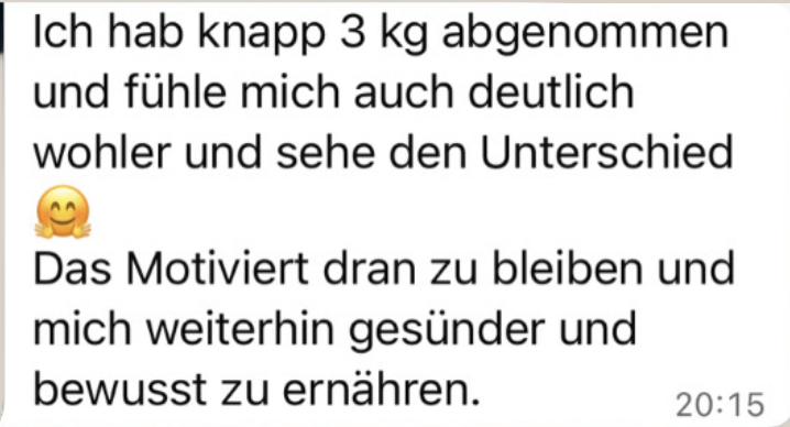 WhatsApp-Nachricht einer Teilnehmerin über mehr Wohlbefinden und Motivation