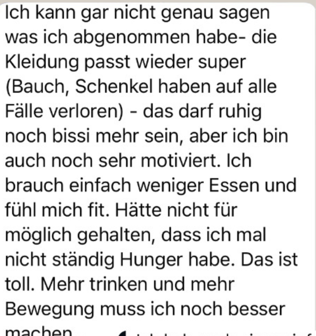 WhatsApp-Nachricht einer Teilnehmerin über besser sitzende Kleidung