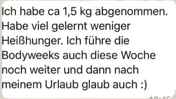 WhatsApp-Nachricht einer Teilnehmerin über weniger Heißhunger