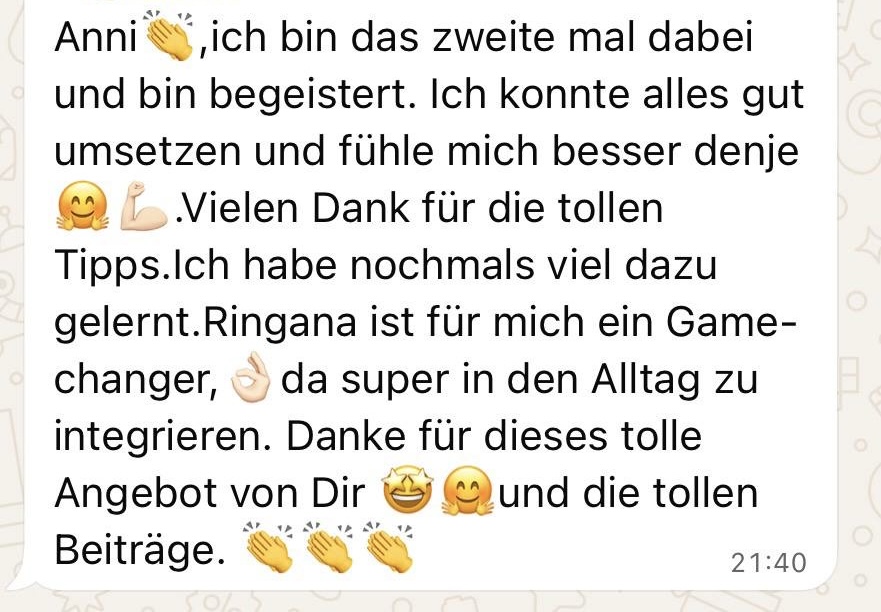 WhatsApp-Nachricht einer Teilnehmerin, die zum zweiten Mal dabei war